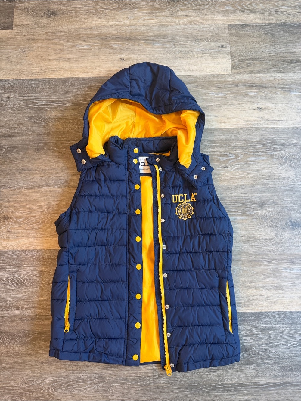 UCLA Blue and Gold Quilted Puffer Vest with Hood